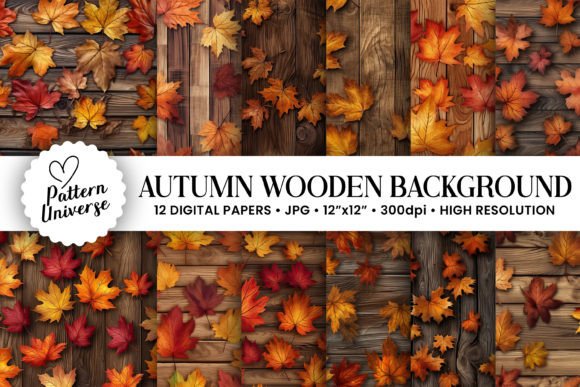 Autumn Wooden Leaves Backgrounds: 12 Seamless Patterns for Your Craft