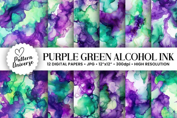 Purple & Green Alcohol Ink Backgrounds: 12 Vibrant Seamless Patterns