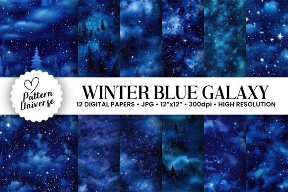 Winter Blue Galaxy Seamless Backgrounds: 12 Digital Designs